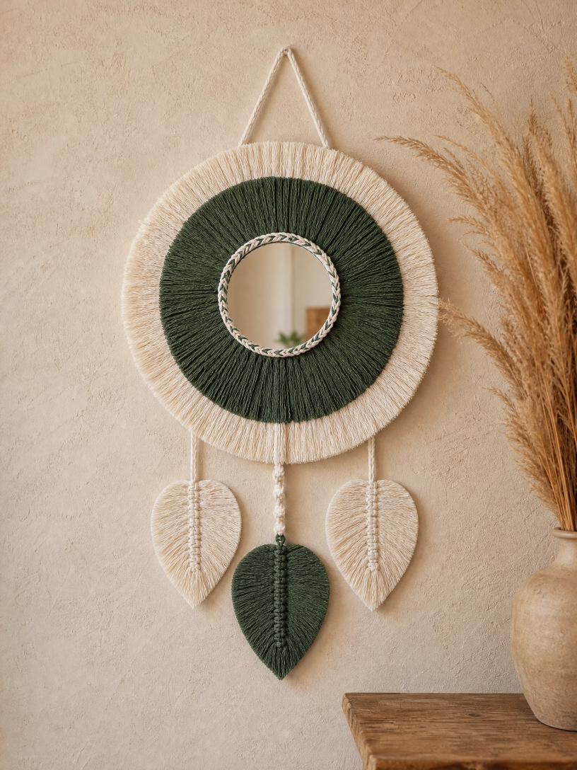 Espelho Artesanal em Macramê Verde e Cru Decoração Boho com Folhas Decorativas - Imagem 4