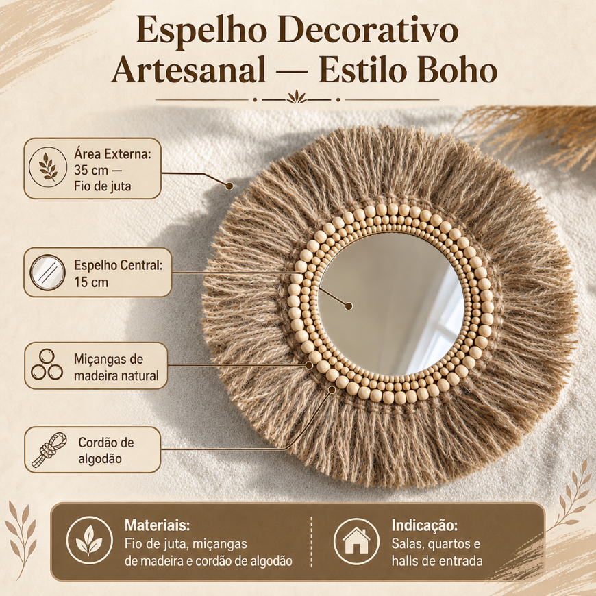 Espelho Artesanal Boho Em Juta Com Contas De Madeira 35cm - Imagem 3