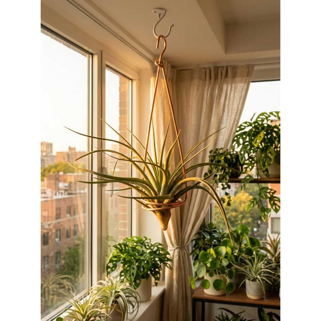 Planta Aérea Tillandsia Com Suporte De Metal Cobre Em Design Rosa