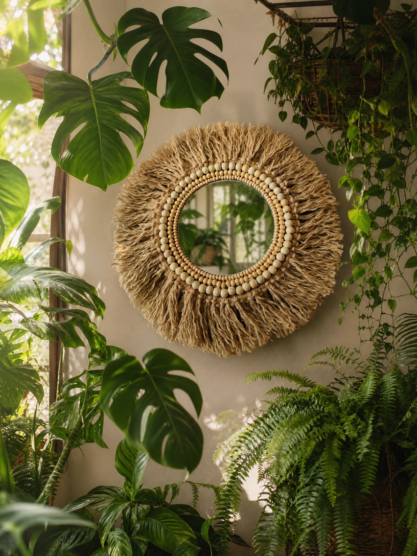 Espelho Artesanal Boho Em Juta Com Contas De Madeira 35cm - Imagem 5
