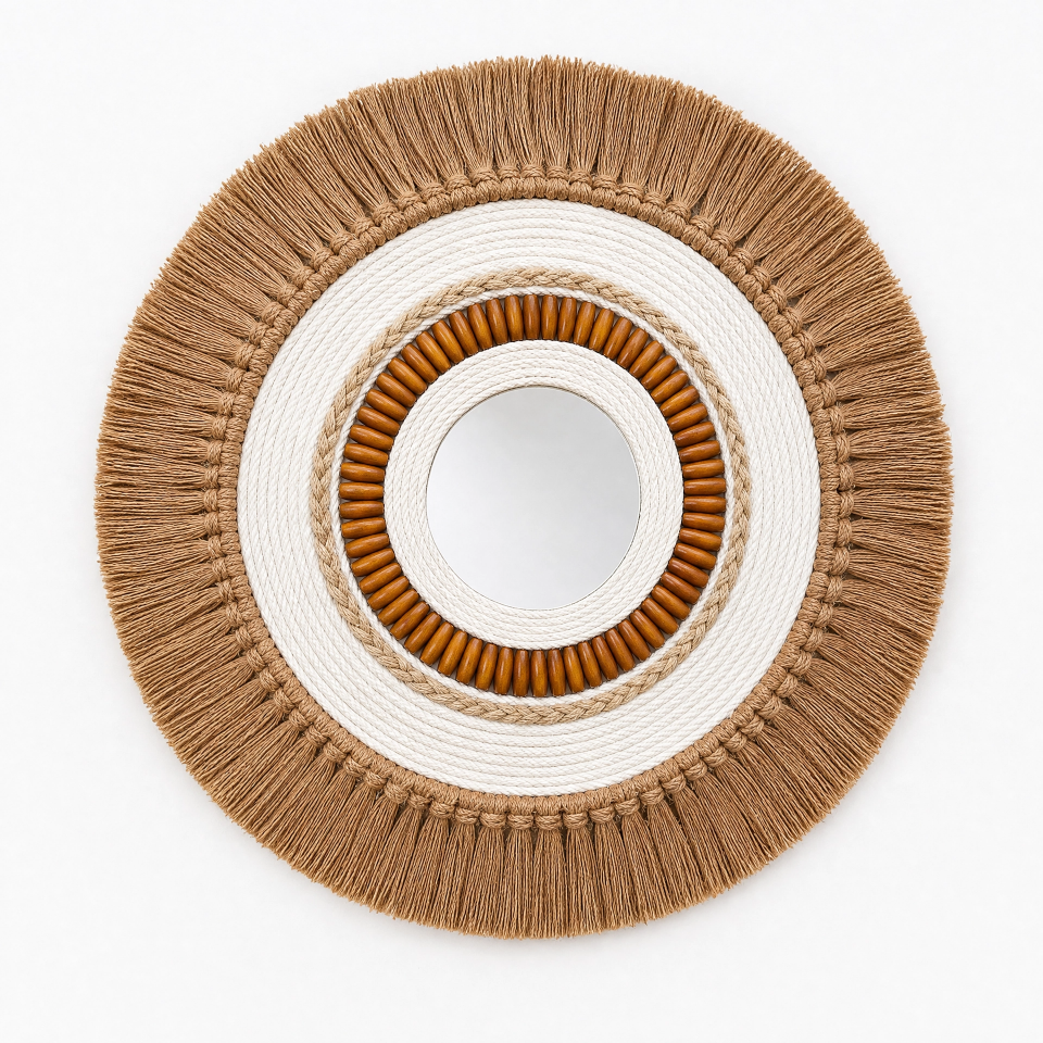 Espelho Decorativo Artesanal Boho em Sisal, Corda de Algodão e Miçangas – 40 cm