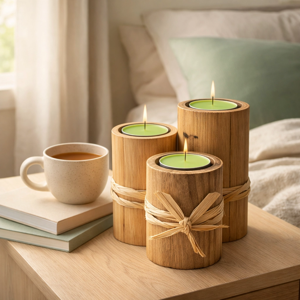 Kit 3 Velas Artesanais Repelentes em Porta-Vela de Madeira Natural Decoração e Bem-Estar - Imagem 3