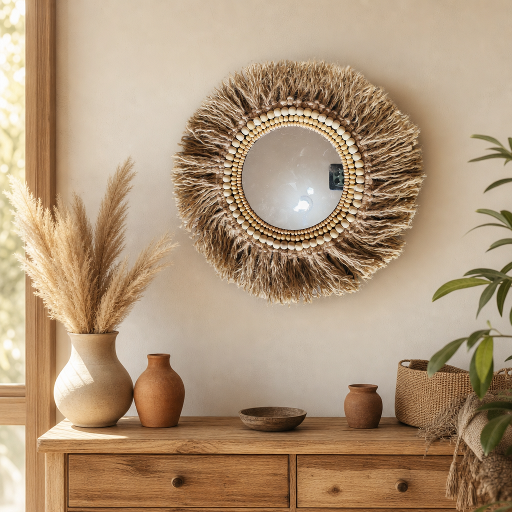 Espelho Artesanal Boho Em Juta Com Contas De Madeira 35cm - Imagem 6