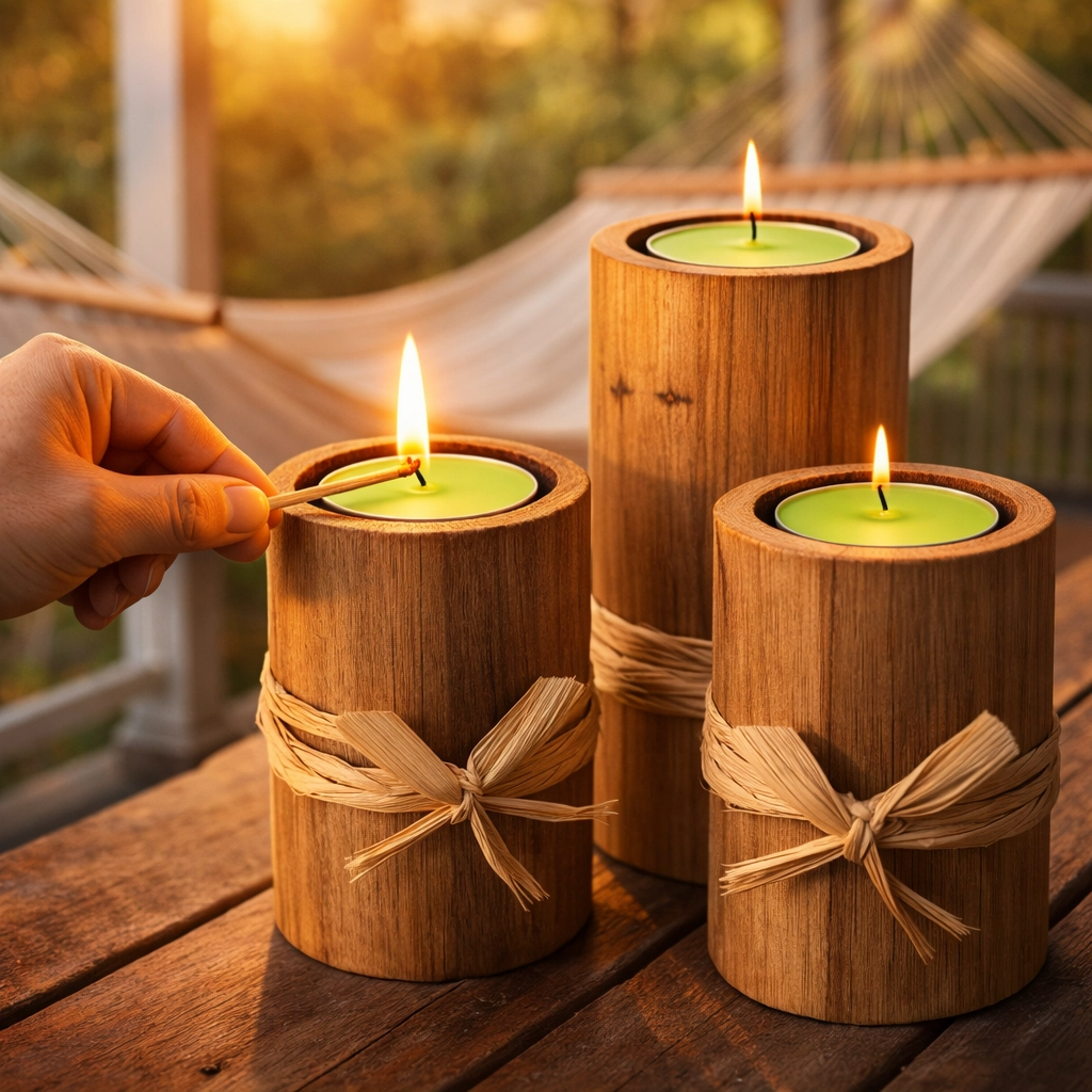 Kit 3 Velas Artesanais Repelentes em Porta-Vela de Madeira Natural Decoração e Bem-Estar - Imagem 2