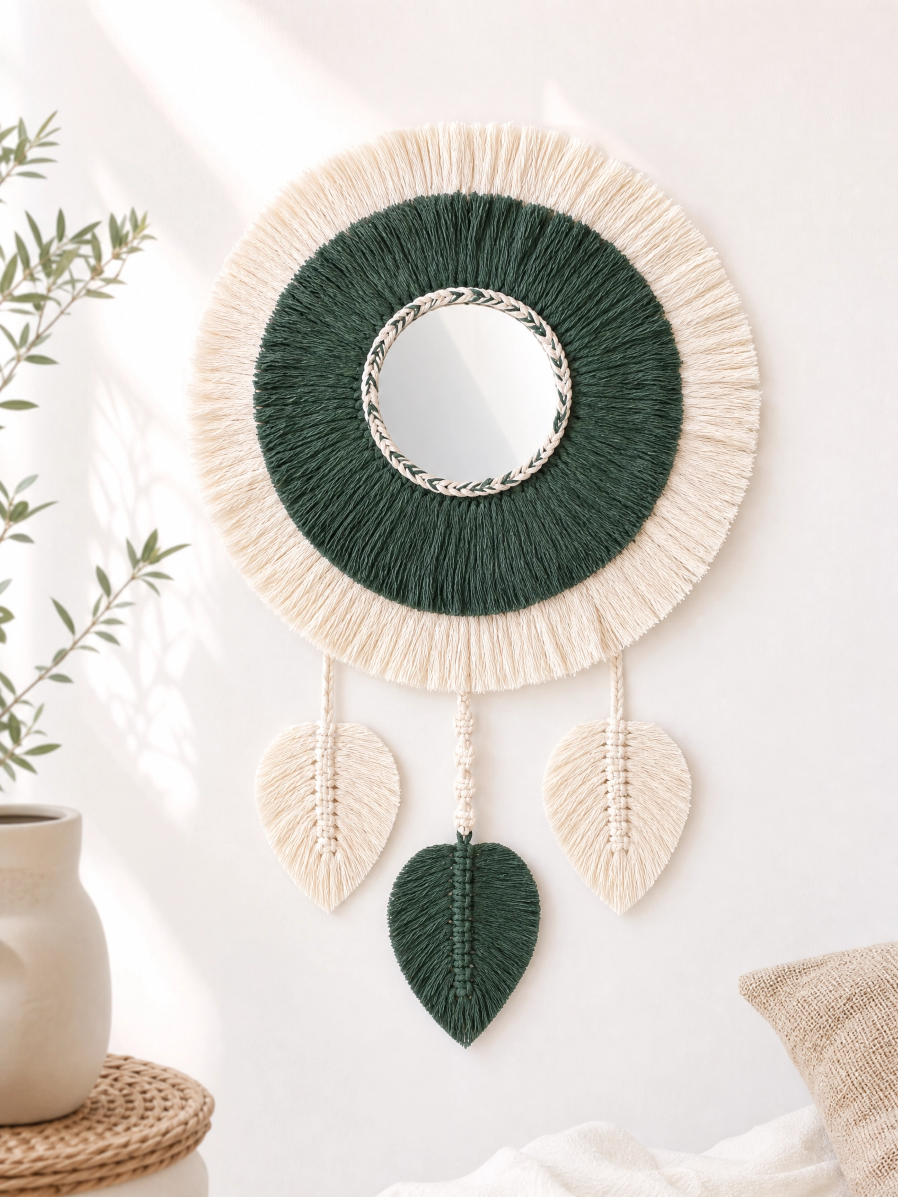 Espelho Artesanal em Macramê Verde e Cru Decoração Boho com Folhas Decorativas