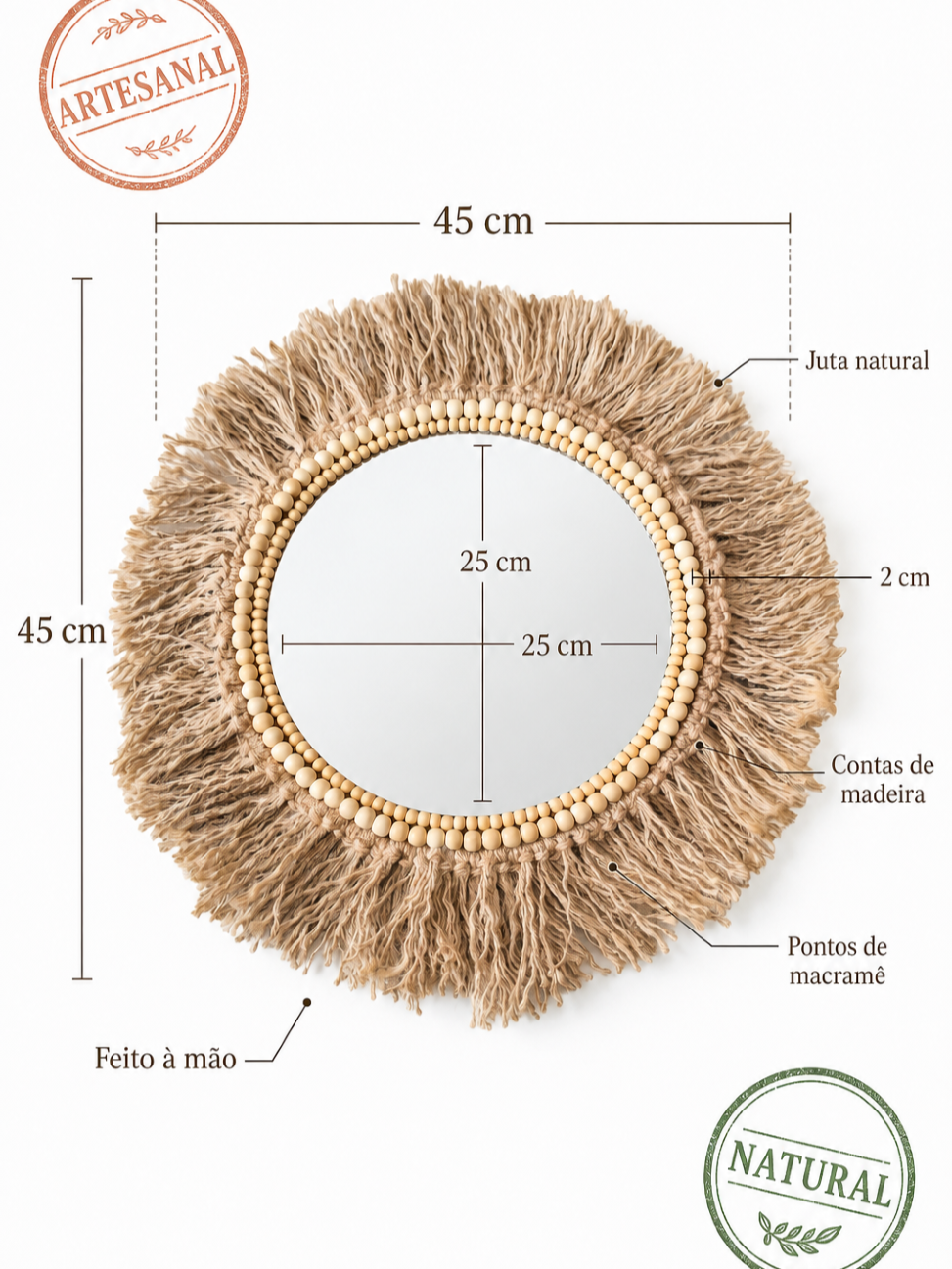 Espelho Artesanal Boho em Juta com Contas de Madeira-45 cm - Imagem 3