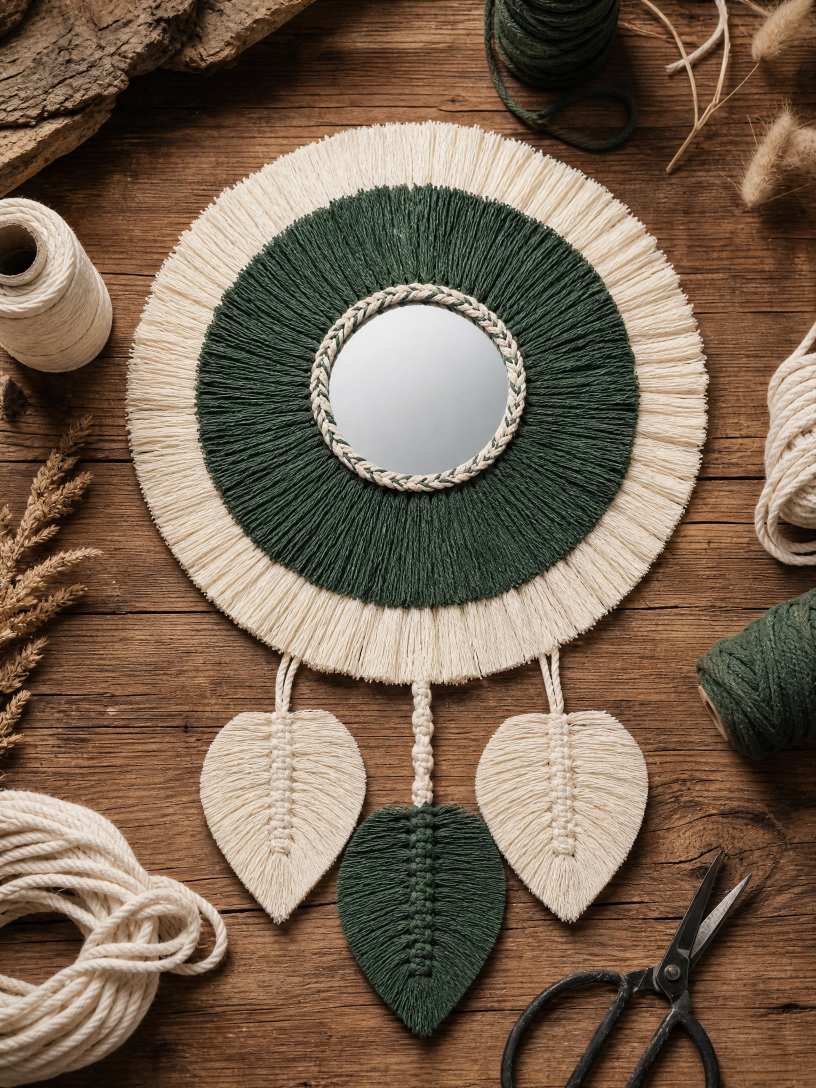 Espelho Artesanal em Macramê Verde e Cru Decoração Boho com Folhas Decorativas - Imagem 5