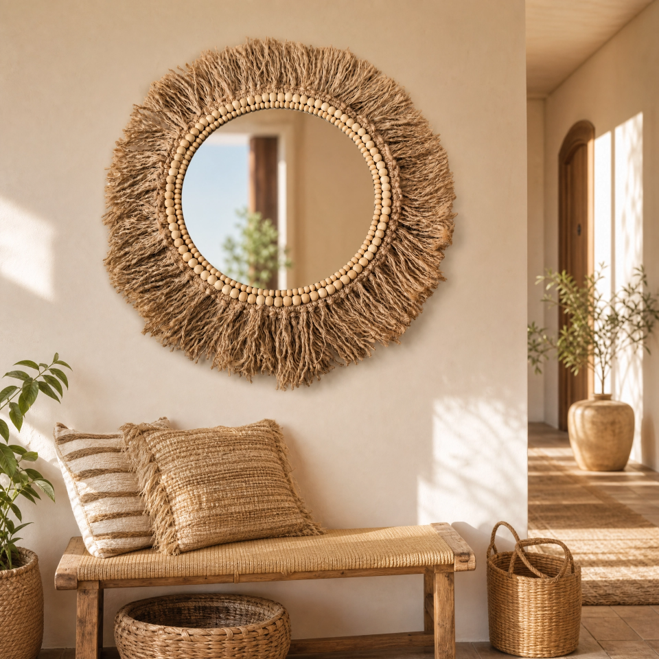 Espelho Artesanal Boho em Juta com Contas de Madeira-45 cm - Imagem 8