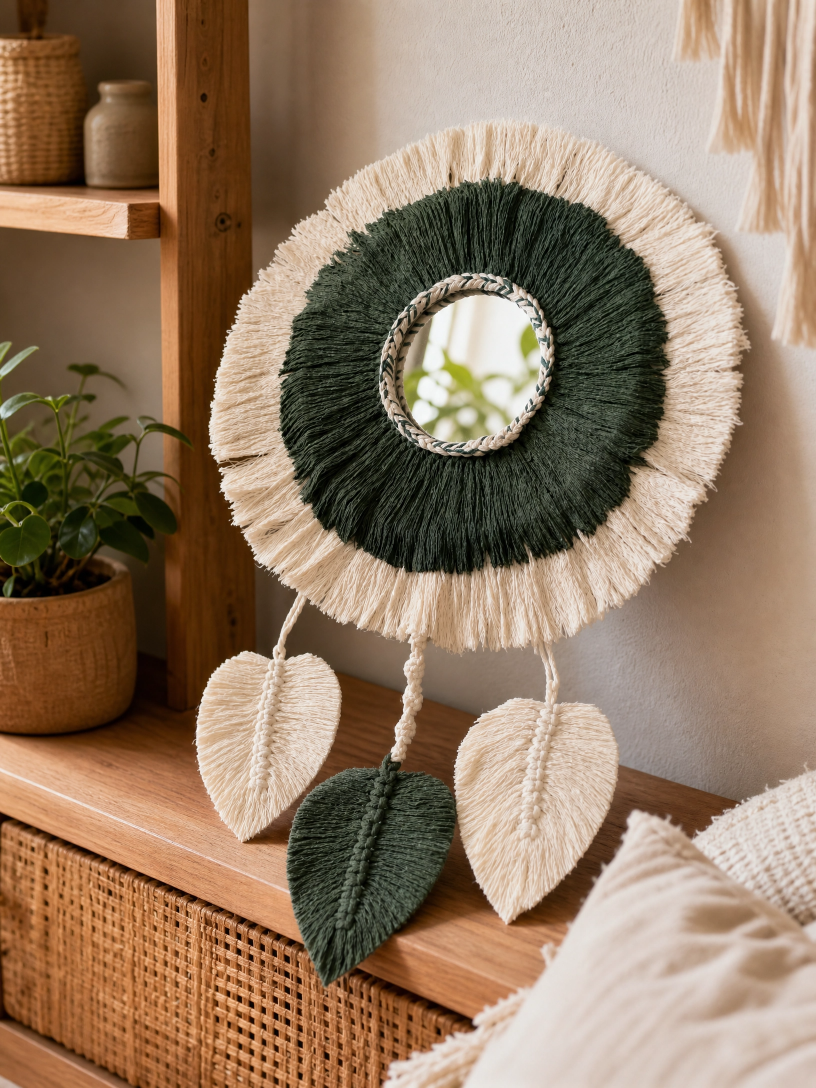 Espelho Artesanal em Macramê Verde e Cru Decoração Boho com Folhas Decorativas - Imagem 2