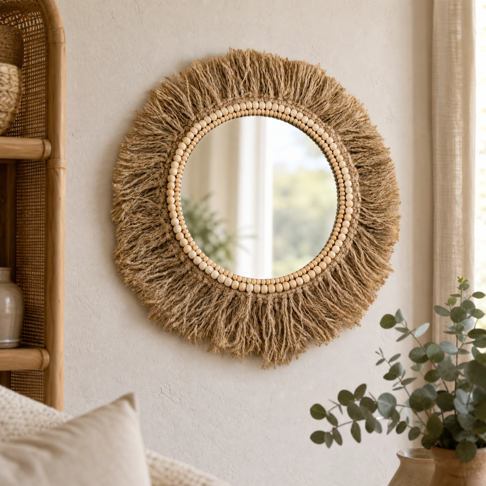 Espelho Artesanal Boho em Juta com Contas de Madeira-45 cm - Imagem 5