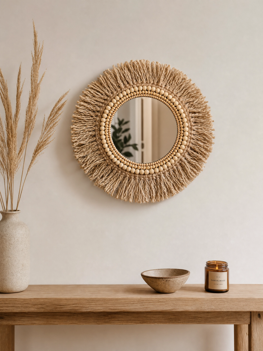Espelho Artesanal Boho Em Juta Com Contas De Madeira 35cm - Imagem 4