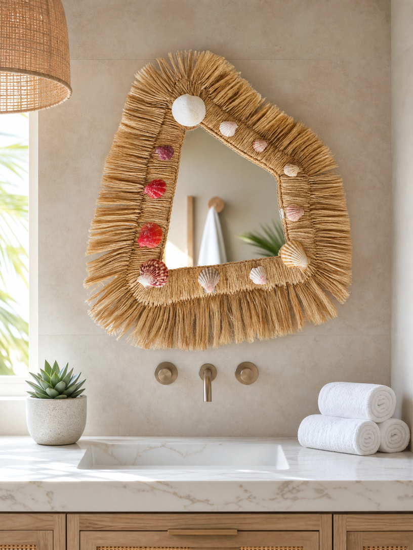 Espelho Artesanal Decorativo em Fibra Natural com Conchas | Estilo Boho Praia - Imagem 2