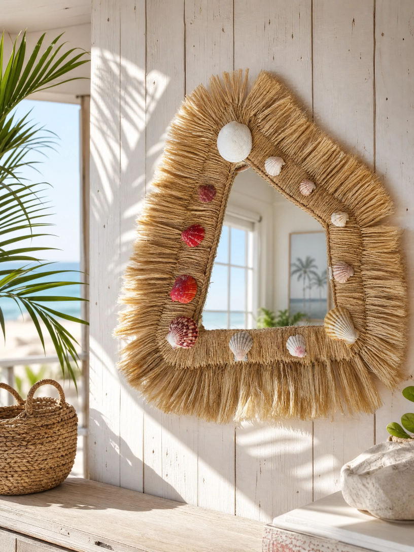 Espelho Artesanal Decorativo em Fibra Natural com Conchas | Estilo Boho Praia - Imagem 4