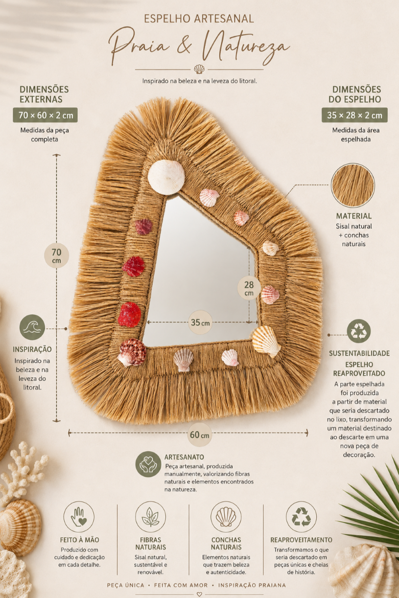 Espelho Artesanal Decorativo em Fibra Natural com Conchas | Estilo Boho Praia - Imagem 6