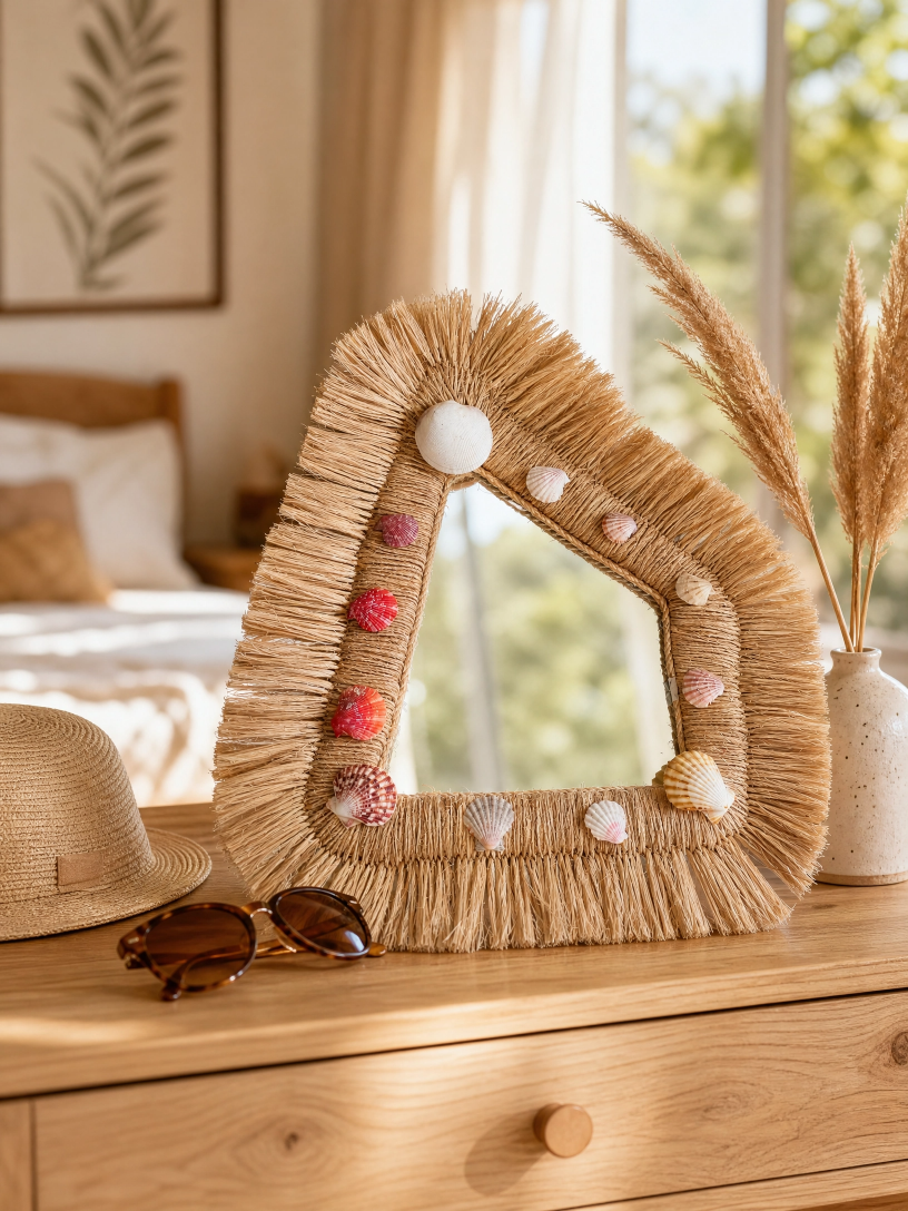 Espelho Artesanal Decorativo em Fibra Natural com Conchas | Estilo Boho Praia - Imagem 5