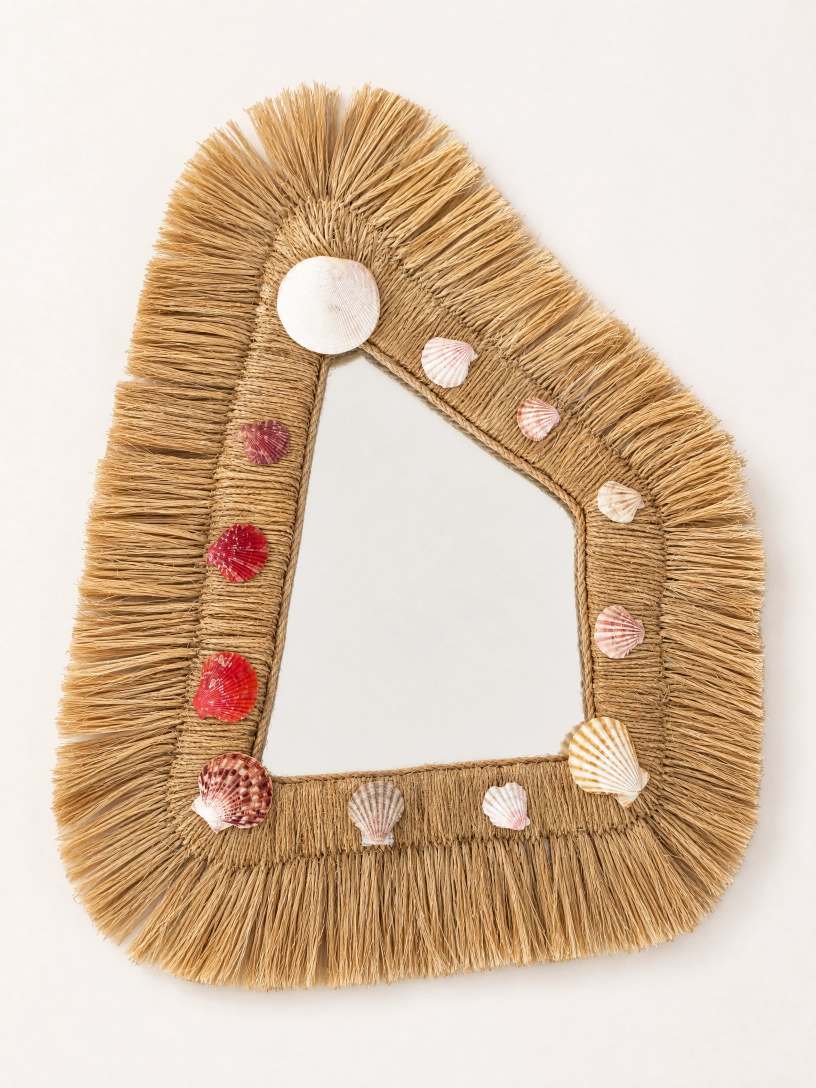 Espelho Artesanal Decorativo em Fibra Natural com Conchas | Estilo Boho Praia